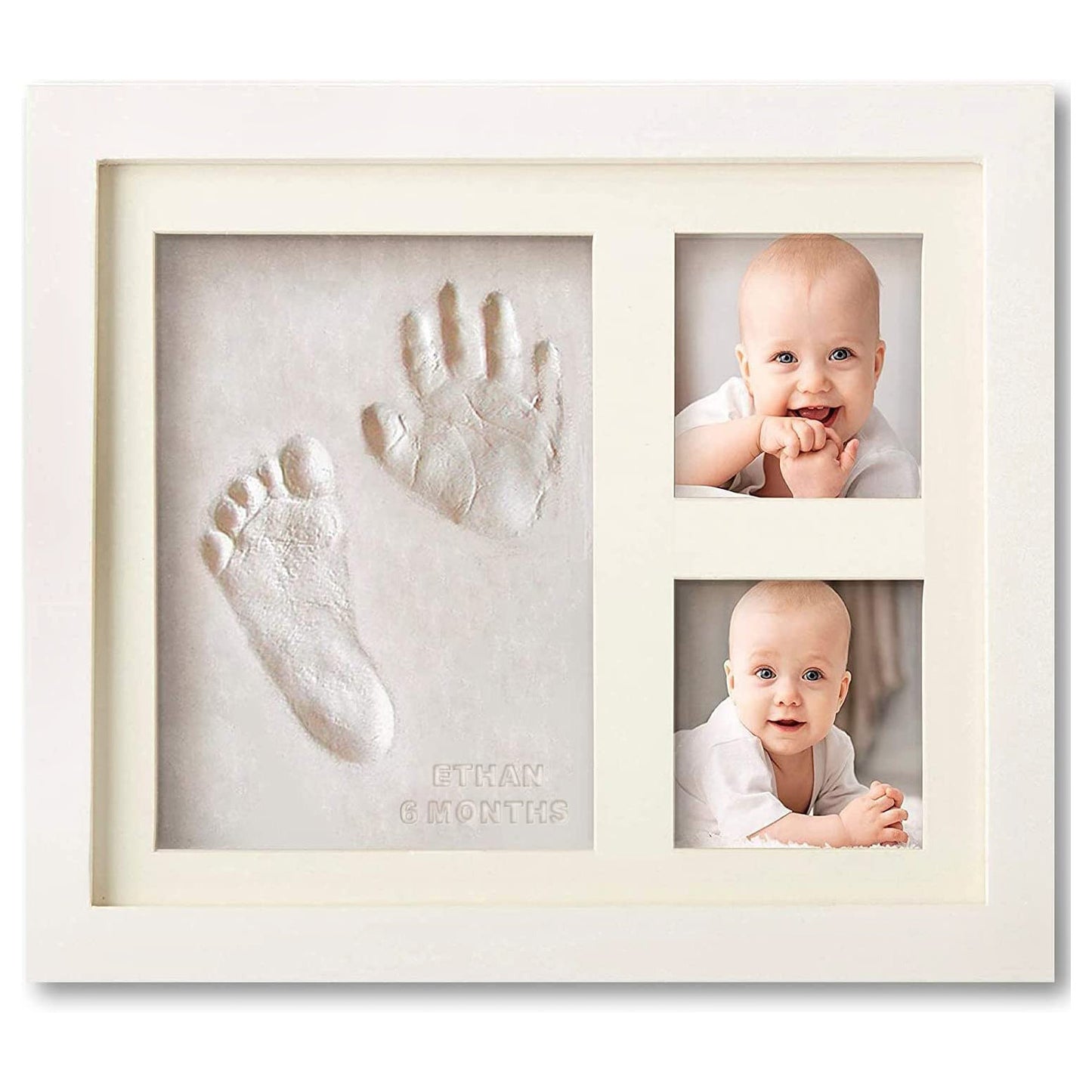 DIY hollow photo frame with baby's 100-day and first birthday hand and footprints, pet paw prints, and baby hand and footprint clay keepsakes.