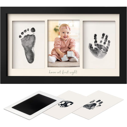 DIY hollow photo frame with baby's 100-day and first birthday hand and footprints, pet paw prints, and baby hand and footprint clay keepsakes.