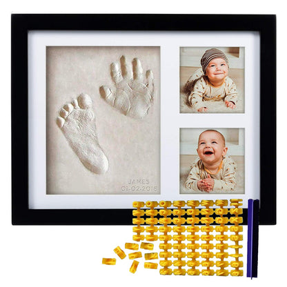 DIY hollow photo frame with baby's 100-day and first birthday hand and footprints, pet paw prints, and baby hand and footprint clay keepsakes.