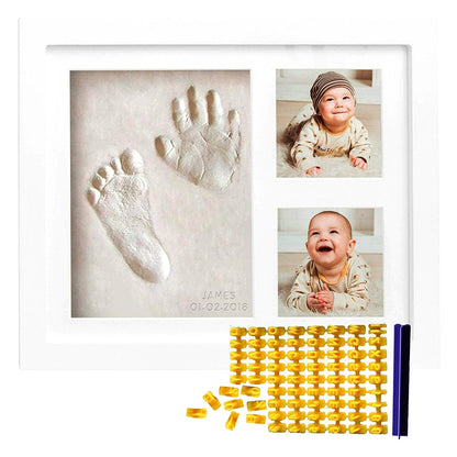 DIY hollow photo frame with baby's 100-day and first birthday hand and footprints, pet paw prints, and baby hand and footprint clay keepsakes.