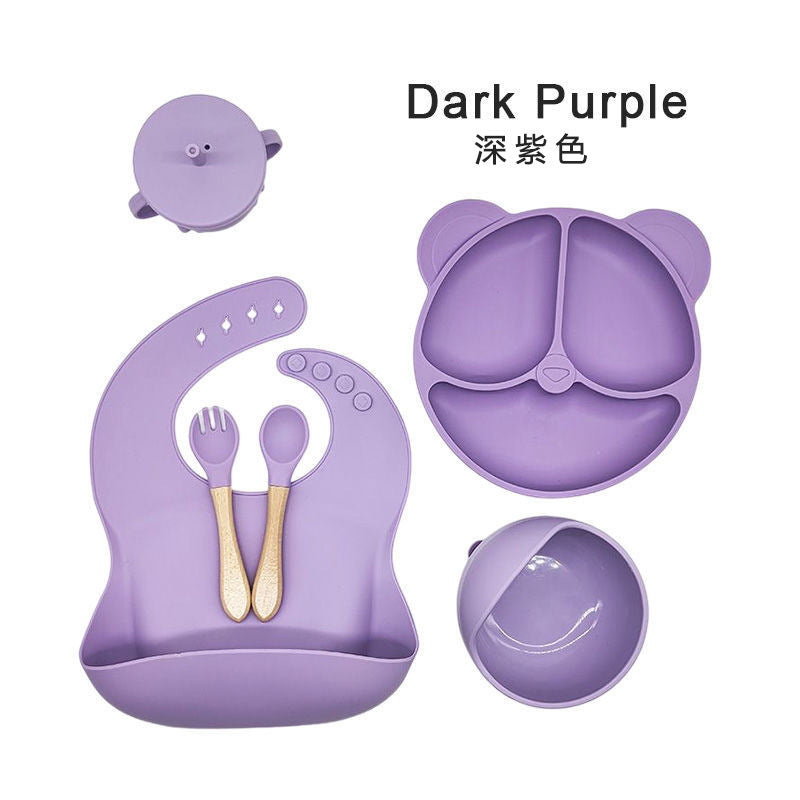 Amazon silicone cutlery set, 6-piece set, silicone dinner plate with suction cup, silicone children's cutlery, baby food supplement.