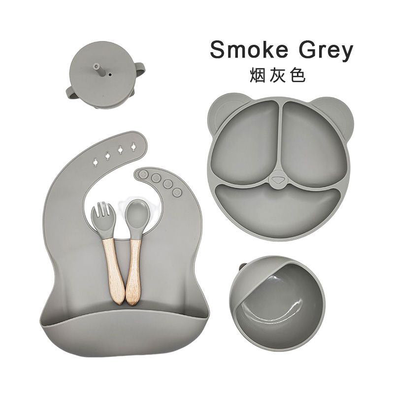 Amazon silicone cutlery set, 6-piece set, silicone dinner plate with suction cup, silicone children's cutlery, baby food supplement.
