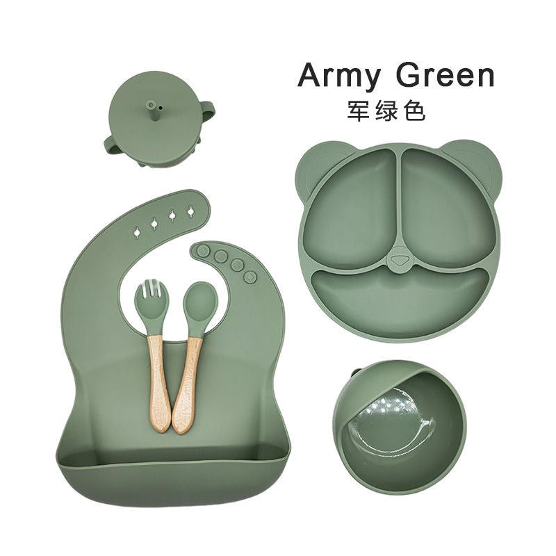 Amazon silicone cutlery set, 6-piece set, silicone dinner plate with suction cup, silicone children's cutlery, baby food supplement.