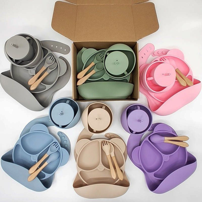 Amazon silicone cutlery set, 6-piece set, silicone dinner plate with suction cup, silicone children's cutlery, baby food supplement.